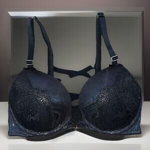 Cacique Bra Women’s 32C Black Metallic Sparkle Boost Plunge Strappy Back Push-Up